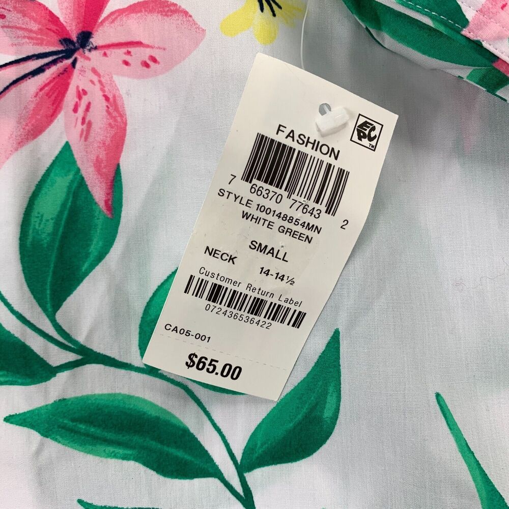 Bar III Mens Slim Fit Stretch Tropical Print Dress Shirt White Green S 14-14.5 - Picture 3 of 4